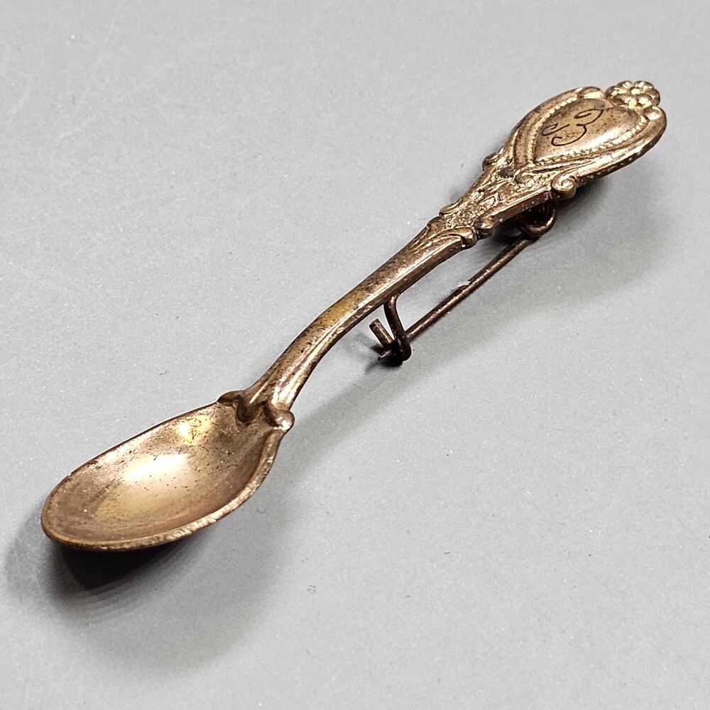 Spoon Brooch Pin Initial "B" Mini Accent Demitasse Souvenir Gold Wash Vintage